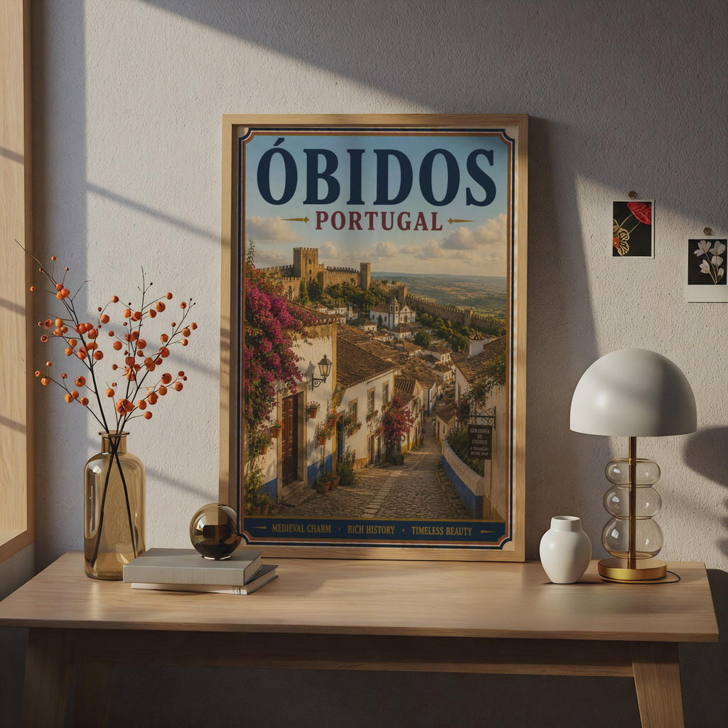 Obidos Portugal Travel Poster, Medieval Castle Village Wall Art, Vintage Style Portuguese