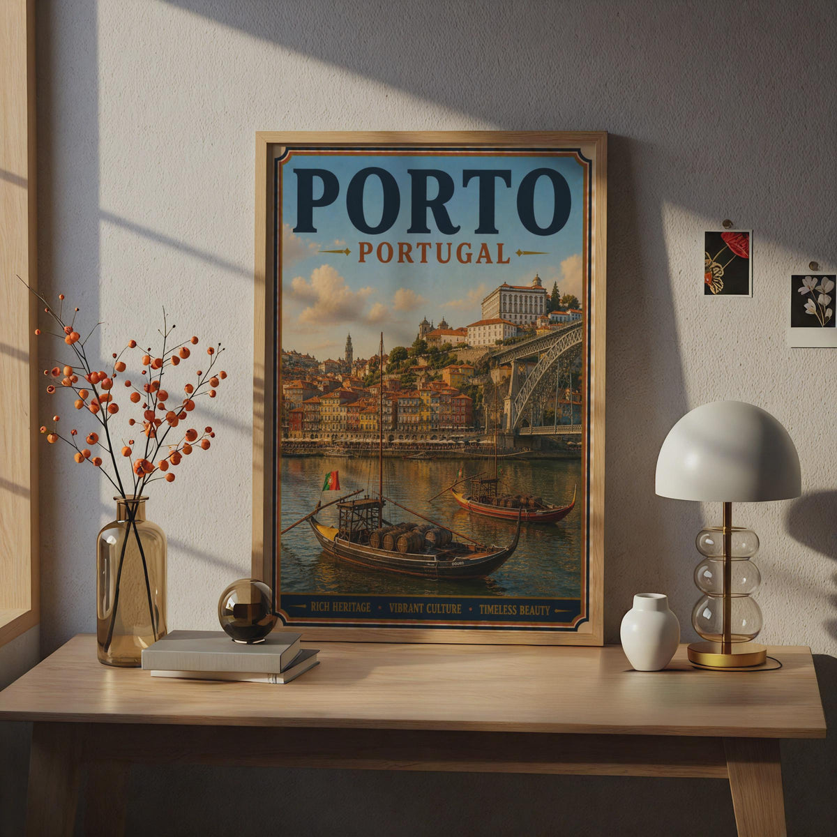 Porto Portugal Travel Poster, Vintage Douro River Rabelo Boats Wall Art Print