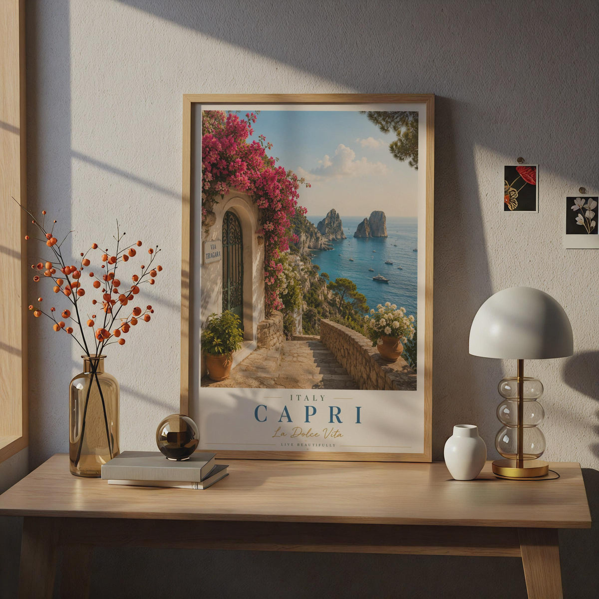 Capri Italy Travel Poster, Via Tragara Faraglioni Rocks, La Dolce Vita Italian Wall Art