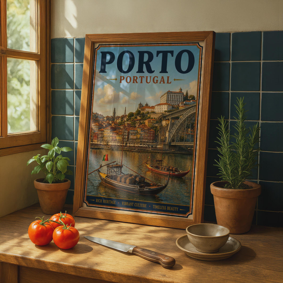 Porto Portugal Travel Poster, Vintage Douro River Rabelo Boats Wall Art Print