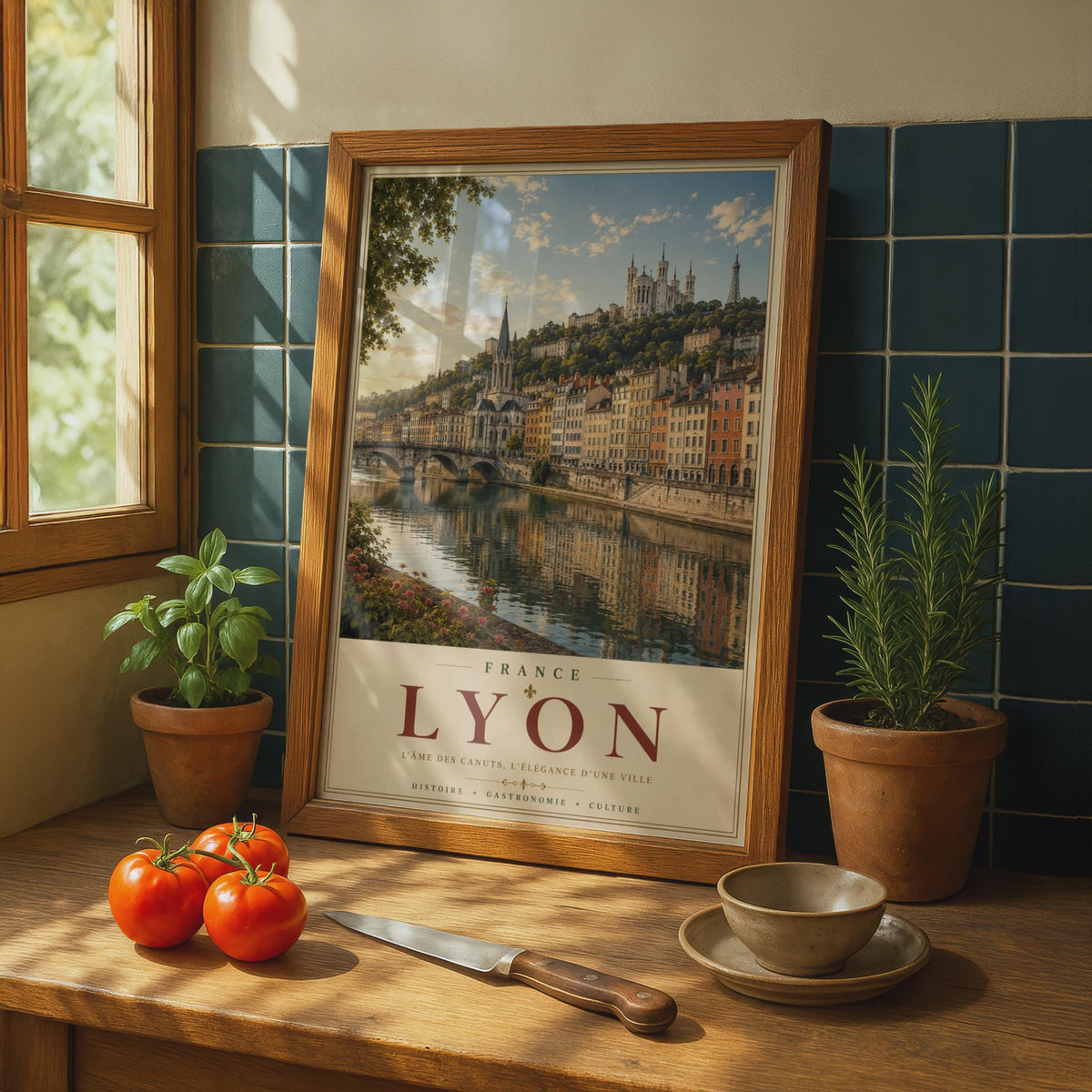 Lyon France Travel Poster, Saone River Skyline Wall Art, French City Print, Vintage Style