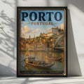 Porto Portugal Travel Poster, Vintage Douro River Rabelo Boats Wall Art Print