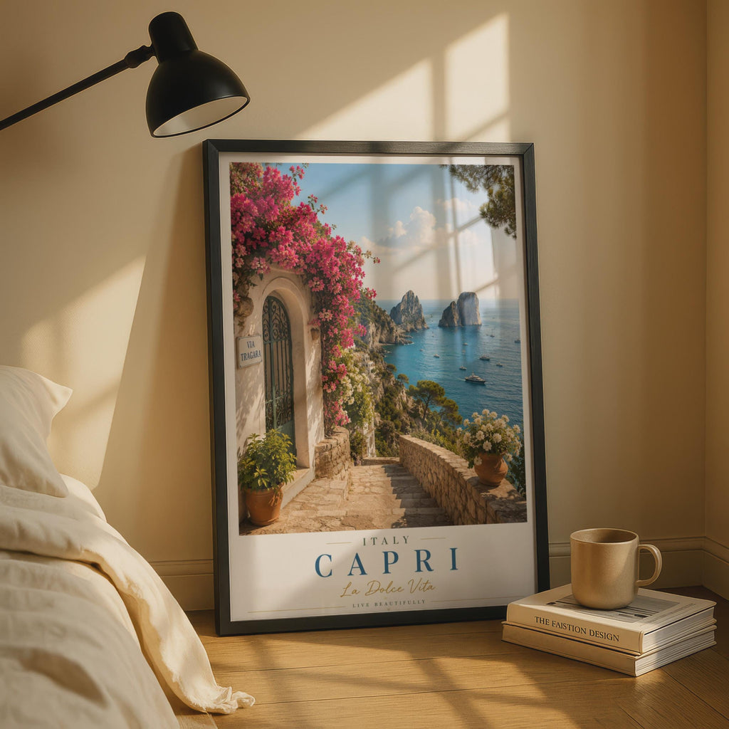 Capri Italy Travel Poster, Via Tragara Faraglioni Rocks, La Dolce Vita Italian Wall Art