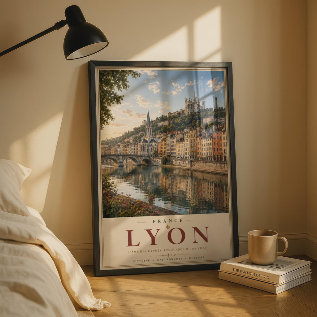 Lyon France Travel Poster, Saone River Skyline Wall Art, French City Print, Vintage Style