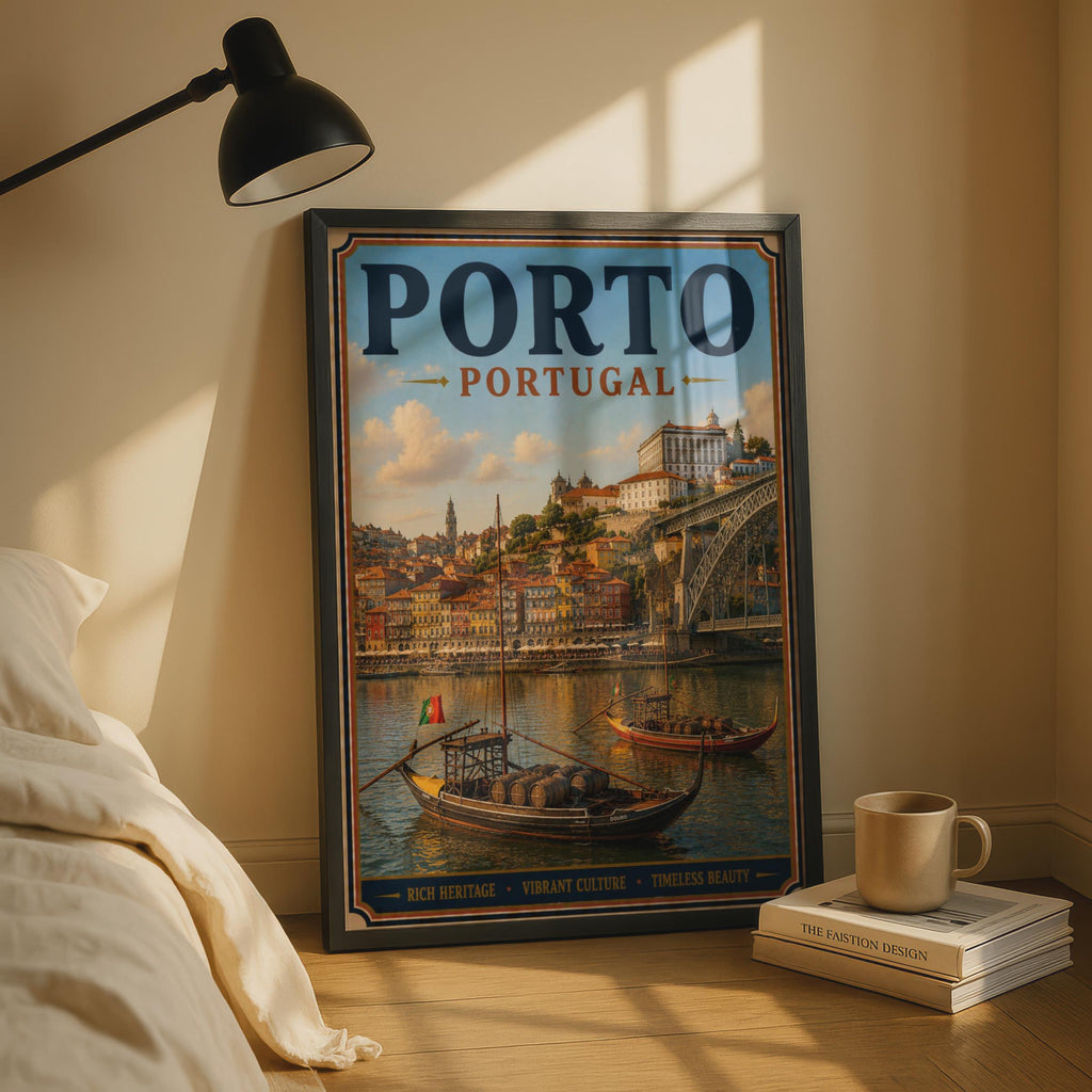 Porto Portugal Travel Poster, Vintage Douro River Rabelo Boats Wall Art Print