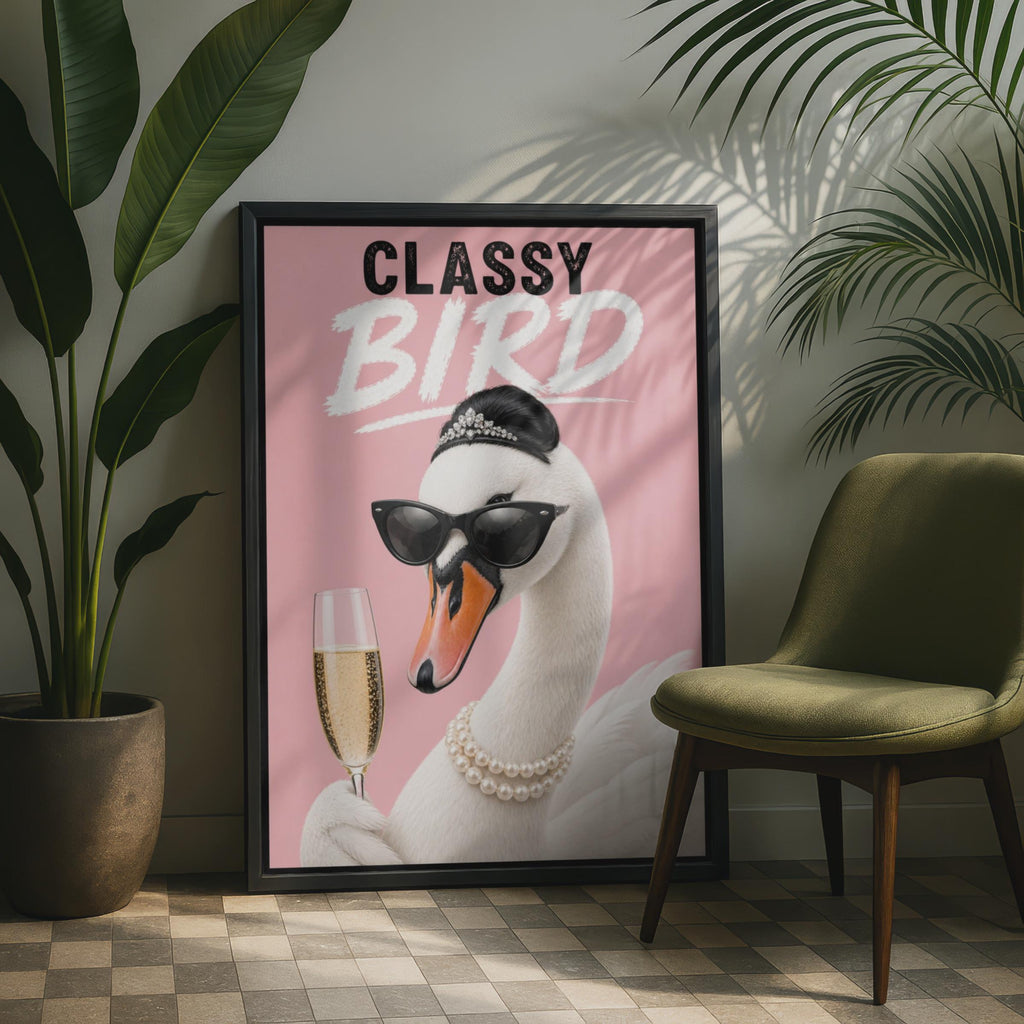 Classy Bird Swan Poster, Funny Champagne Pink Wall Art, Glam Swan Gift for Her
