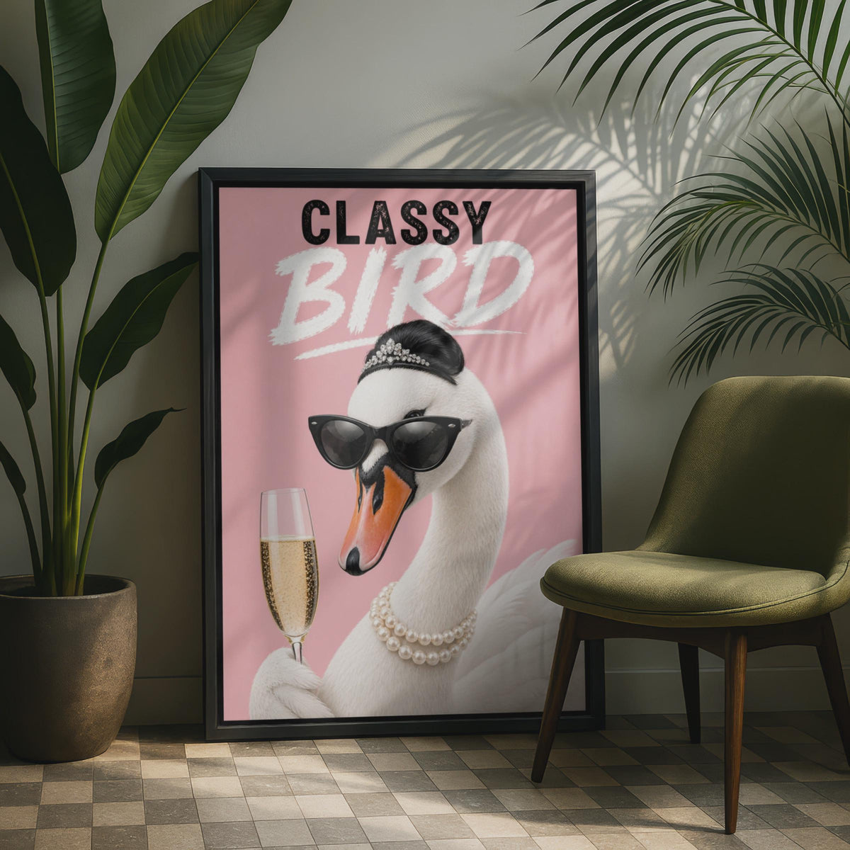 Classy Bird Swan Poster, Funny Champagne Pink Wall Art, Glam Swan Gift for Her