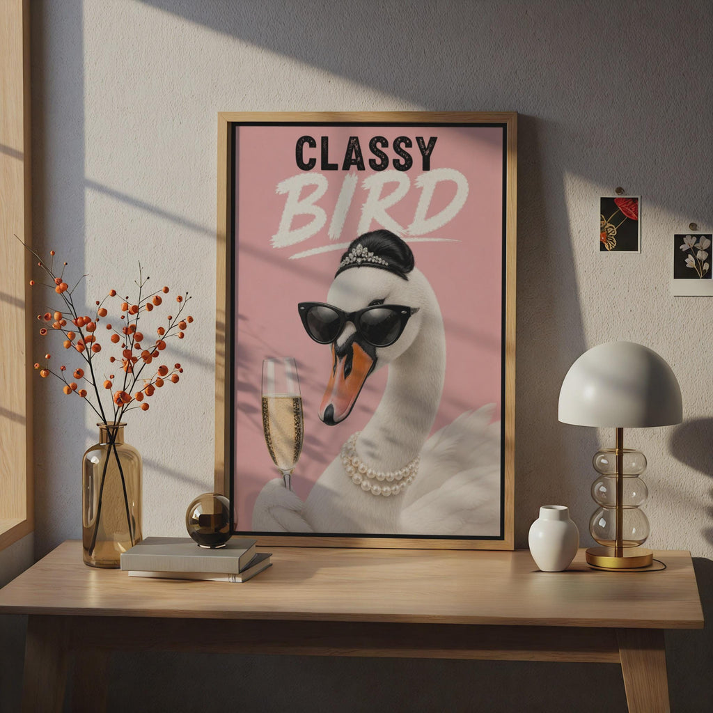 Classy Bird Swan Poster, Funny Champagne Pink Wall Art, Glam Swan Gift for Her