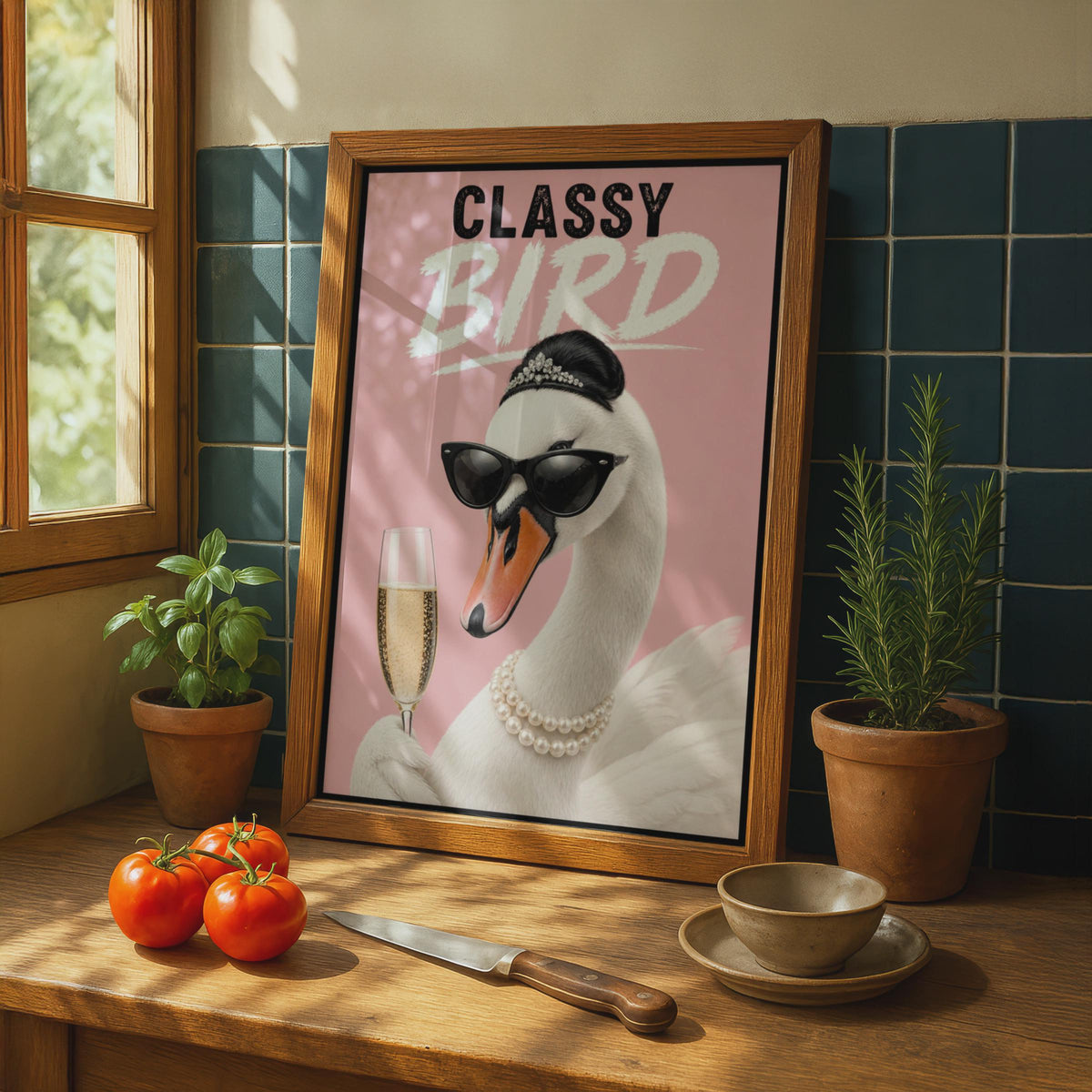 Classy Bird Swan Poster, Funny Champagne Pink Wall Art, Glam Swan Gift for Her
