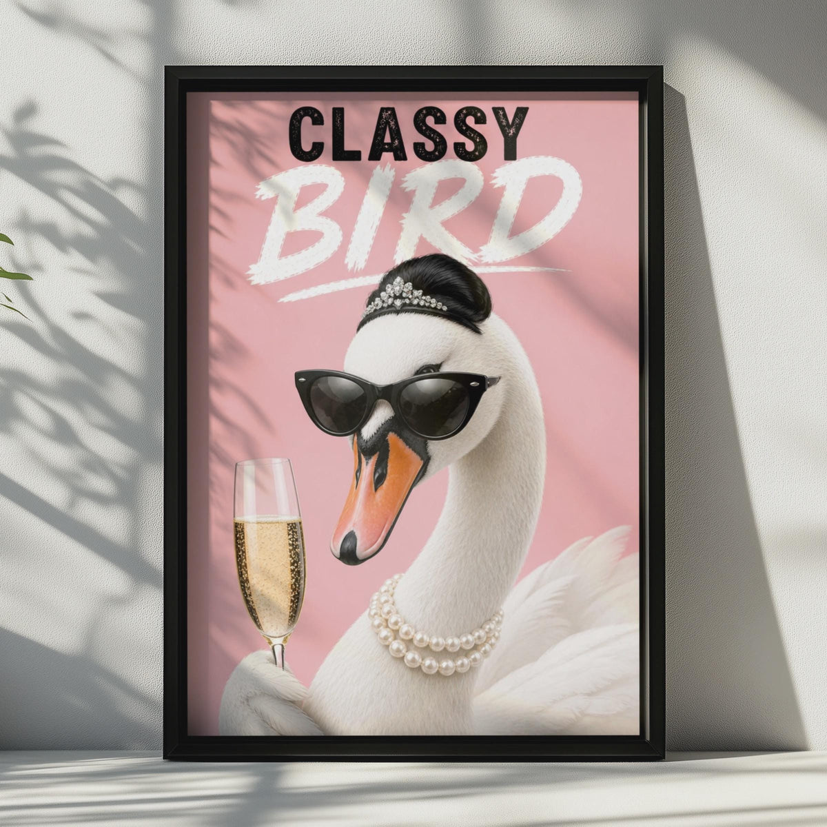 Classy Bird Swan Poster, Funny Champagne Pink Wall Art, Glam Swan Gift for Her