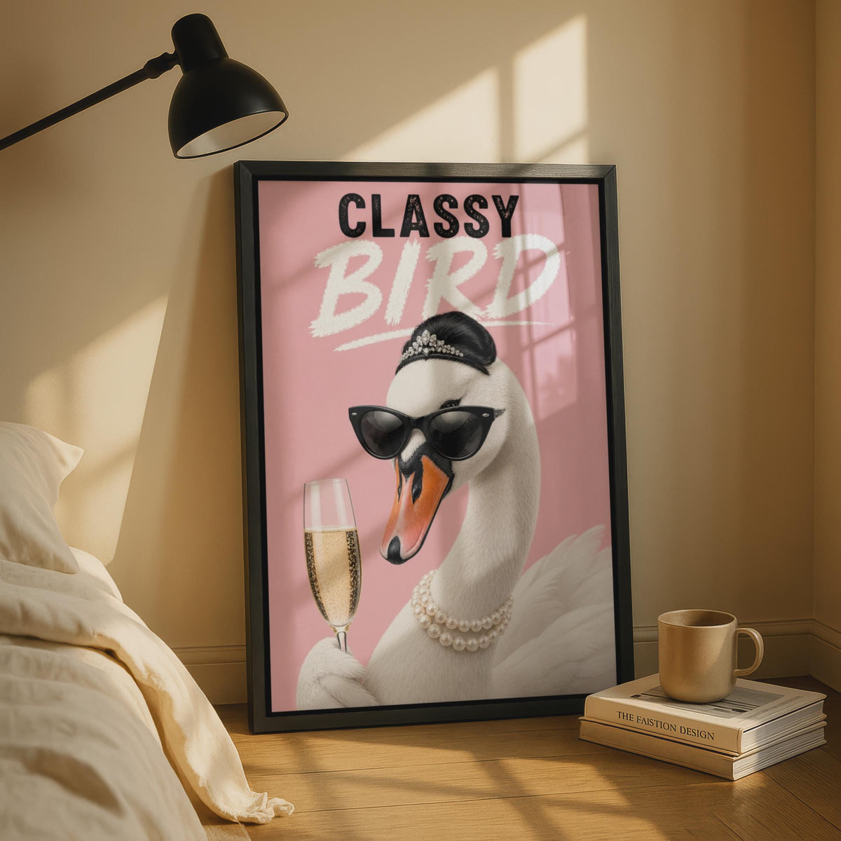 Classy Bird Swan Poster, Funny Champagne Pink Wall Art, Glam Swan Gift for Her