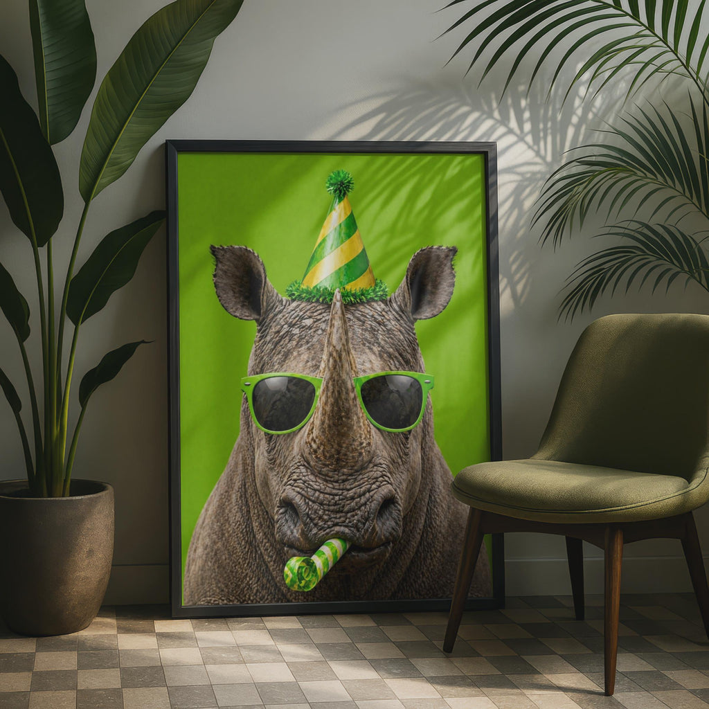 Funny Rhino Party Poster, Humorous Animal Wall Art, Green Birthday Decor, Cool Wildlife Gift