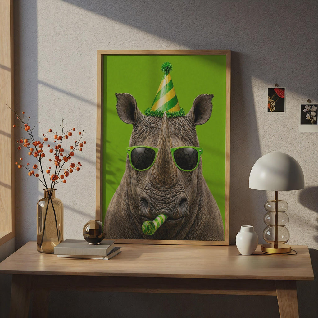 Funny Rhino Party Poster, Humorous Animal Wall Art, Green Birthday Decor, Cool Wildlife Gift