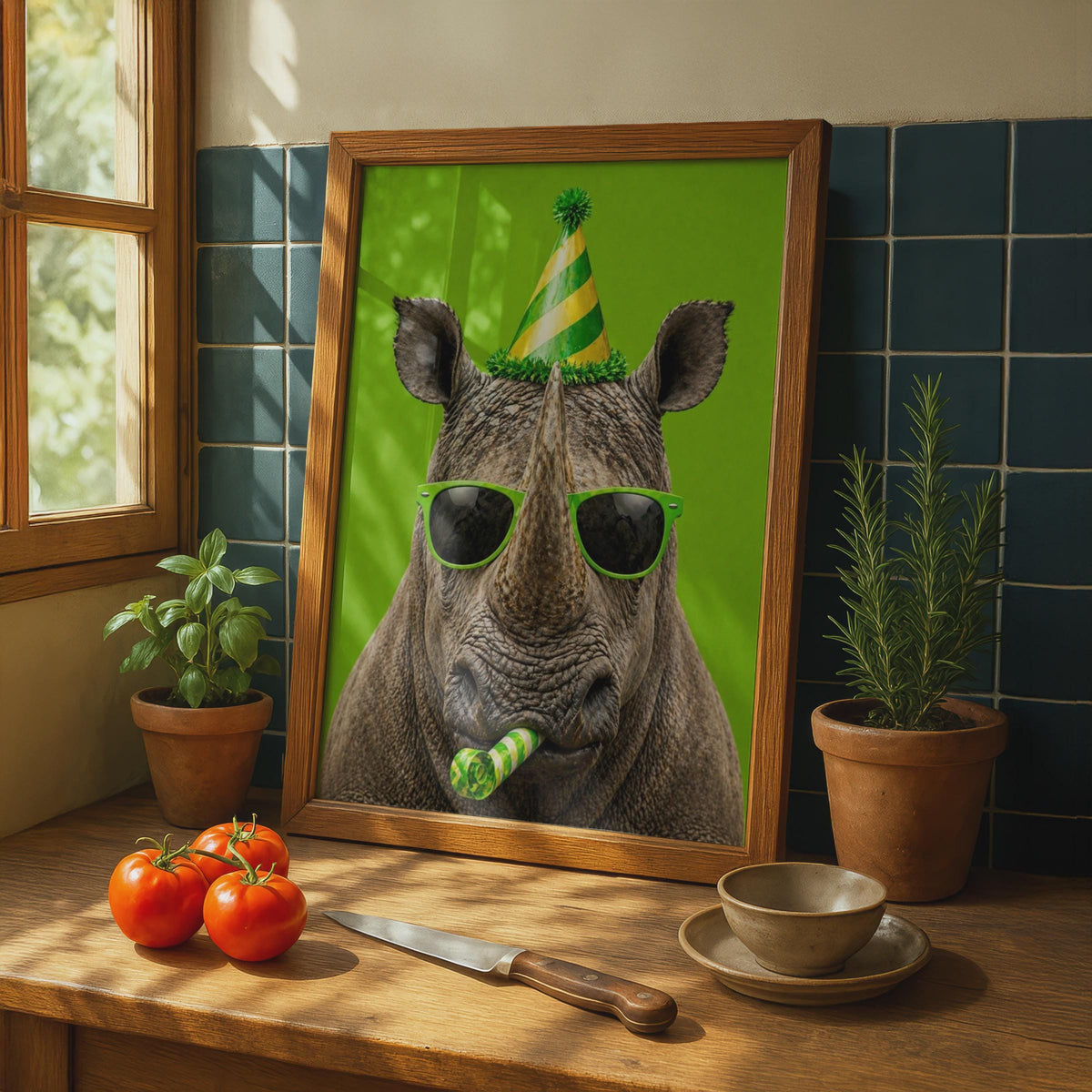 Funny Rhino Party Poster, Humorous Animal Wall Art, Green Birthday Decor, Cool Wildlife Gift
