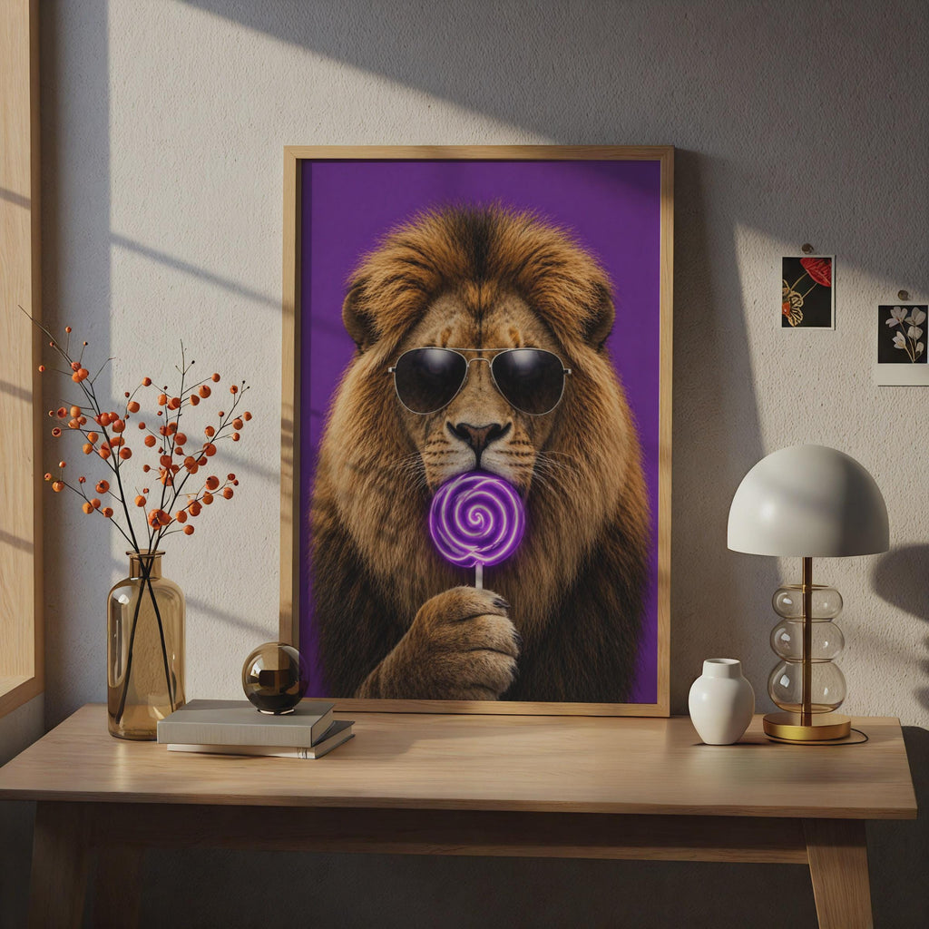 Lion Lollipop Poster, Surreal Animal Wall Art, Purple Neon Swirl, Kids Room Decor