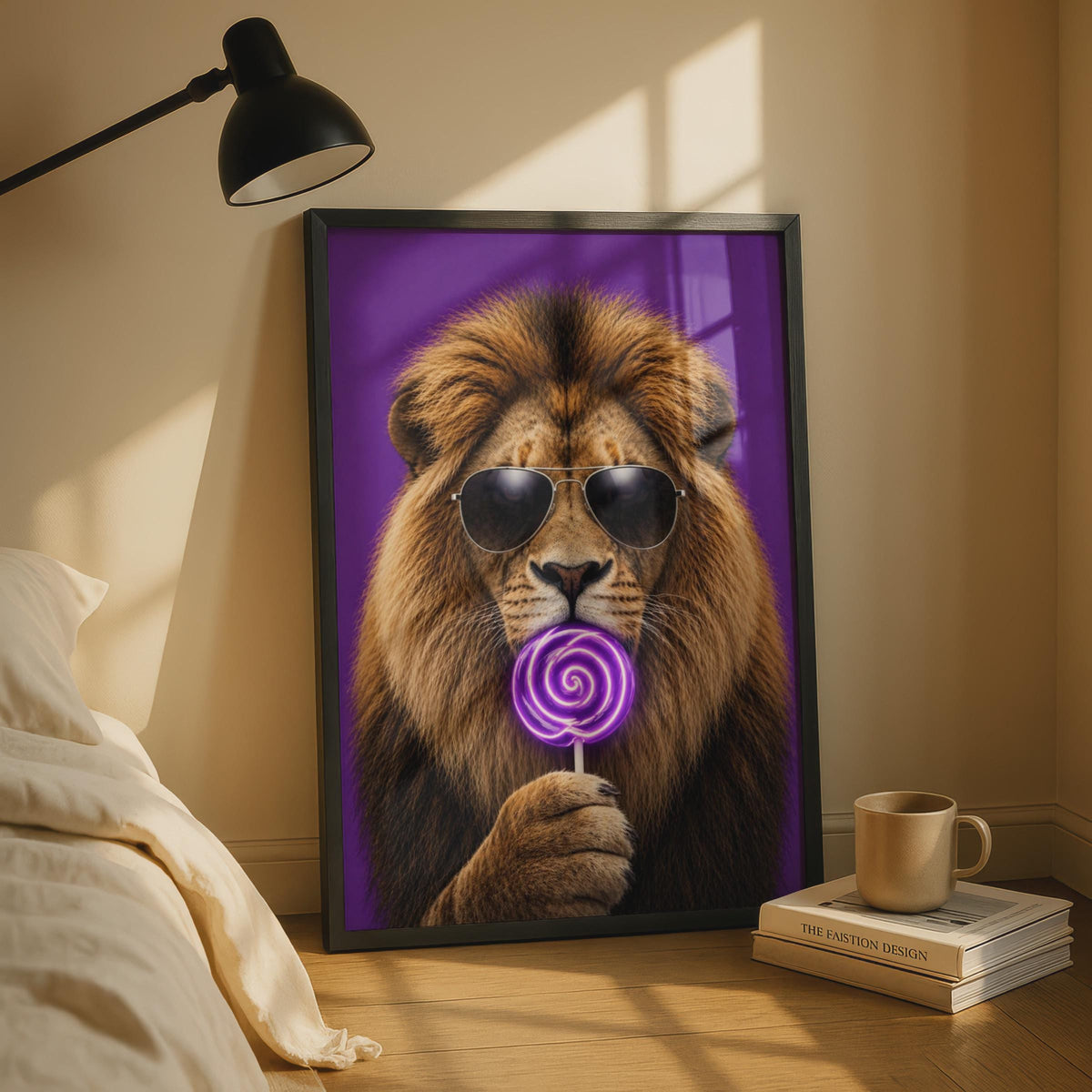 Lion Lollipop Poster, Surreal Animal Wall Art, Purple Neon Swirl, Kids Room Decor