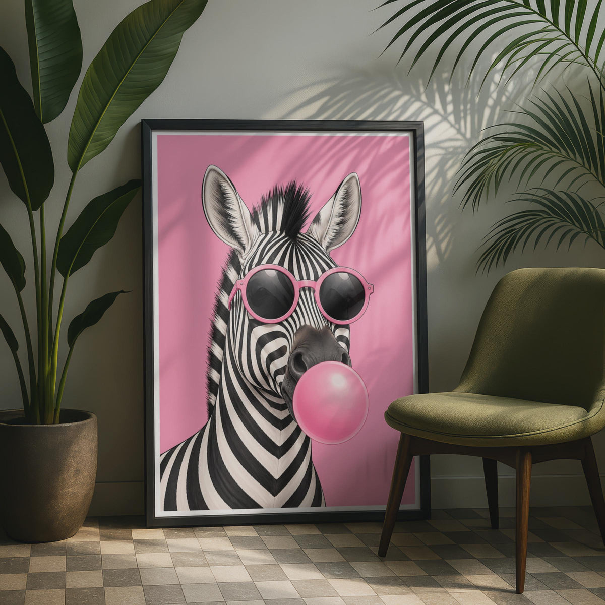 Zebra Bubblegum Poster, Pink Sunglasses Funky Animal Wall Art, Bold Fun Decor