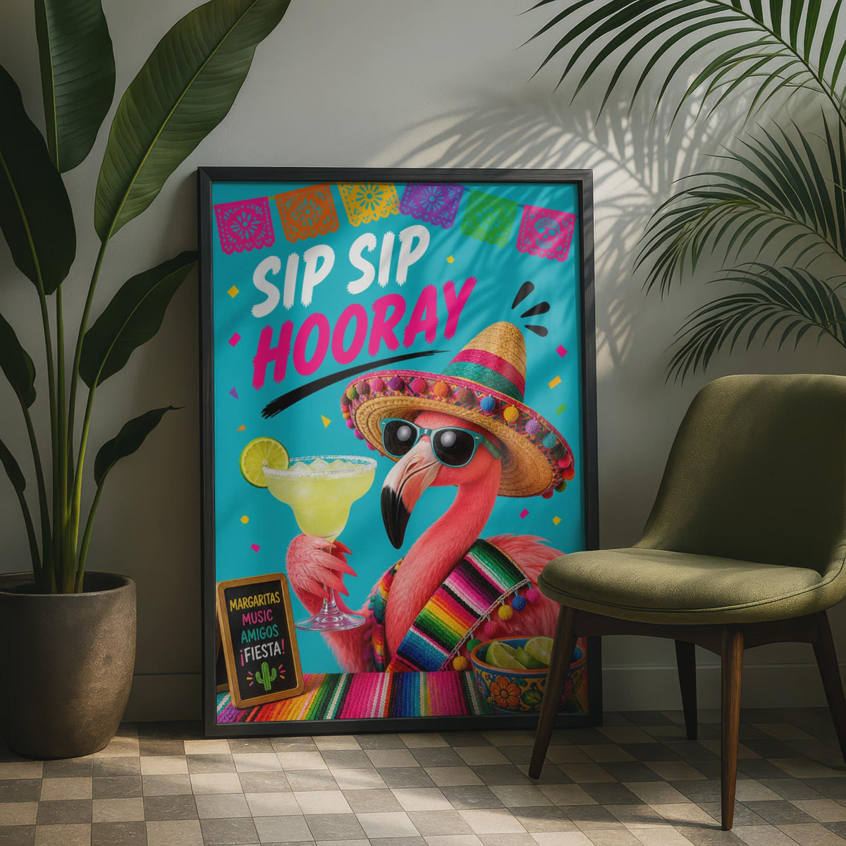 Sip Sip Hooray Flamingo Margarita Poster, Fiesta Bar Cart Wall Art, Funny