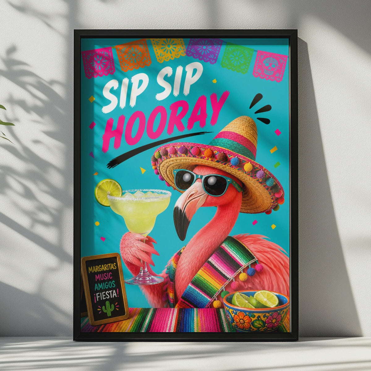 Sip Sip Hooray Flamingo Margarita Poster, Fiesta Bar Cart Wall Art, Funny