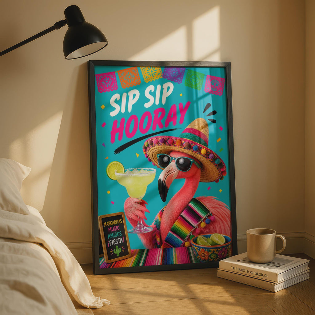 Sip Sip Hooray Flamingo Margarita Poster, Fiesta Bar Cart Wall Art, Funny