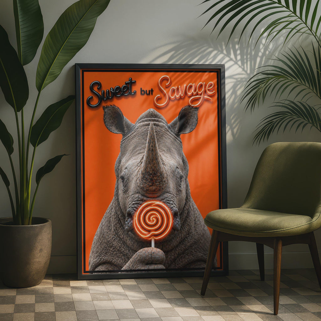 Sweet But Savage Rhino Poster, Funny Animal Wall Art, Bold Orange Neon Quote Print