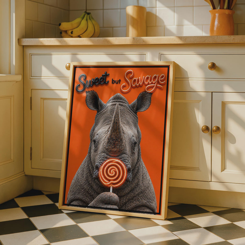 Sweet But Savage Rhino Poster, Funny Animal Wall Art, Bold Orange Neon Quote Print