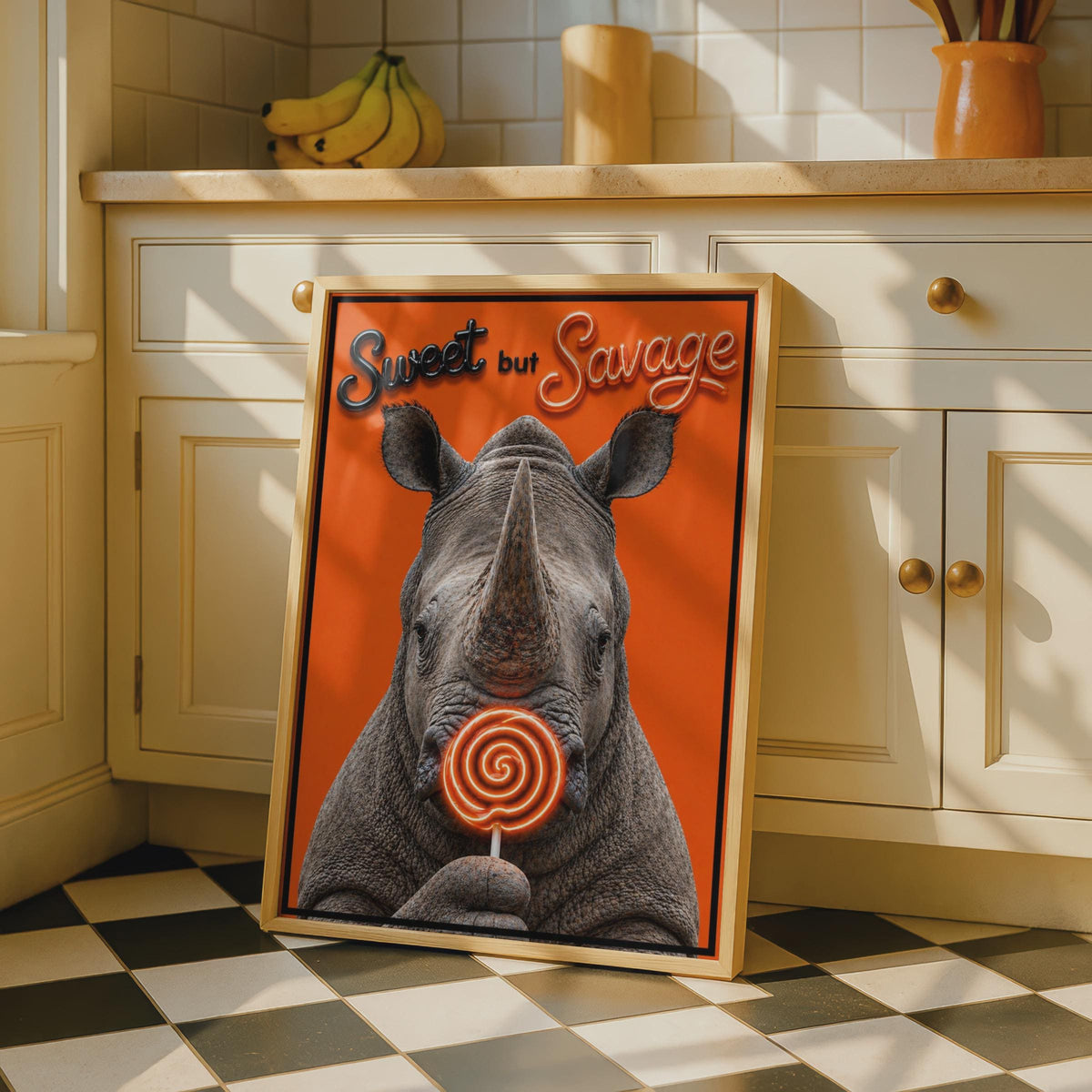 Sweet But Savage Rhino Poster, Funny Animal Wall Art, Bold Orange Neon Quote Print
