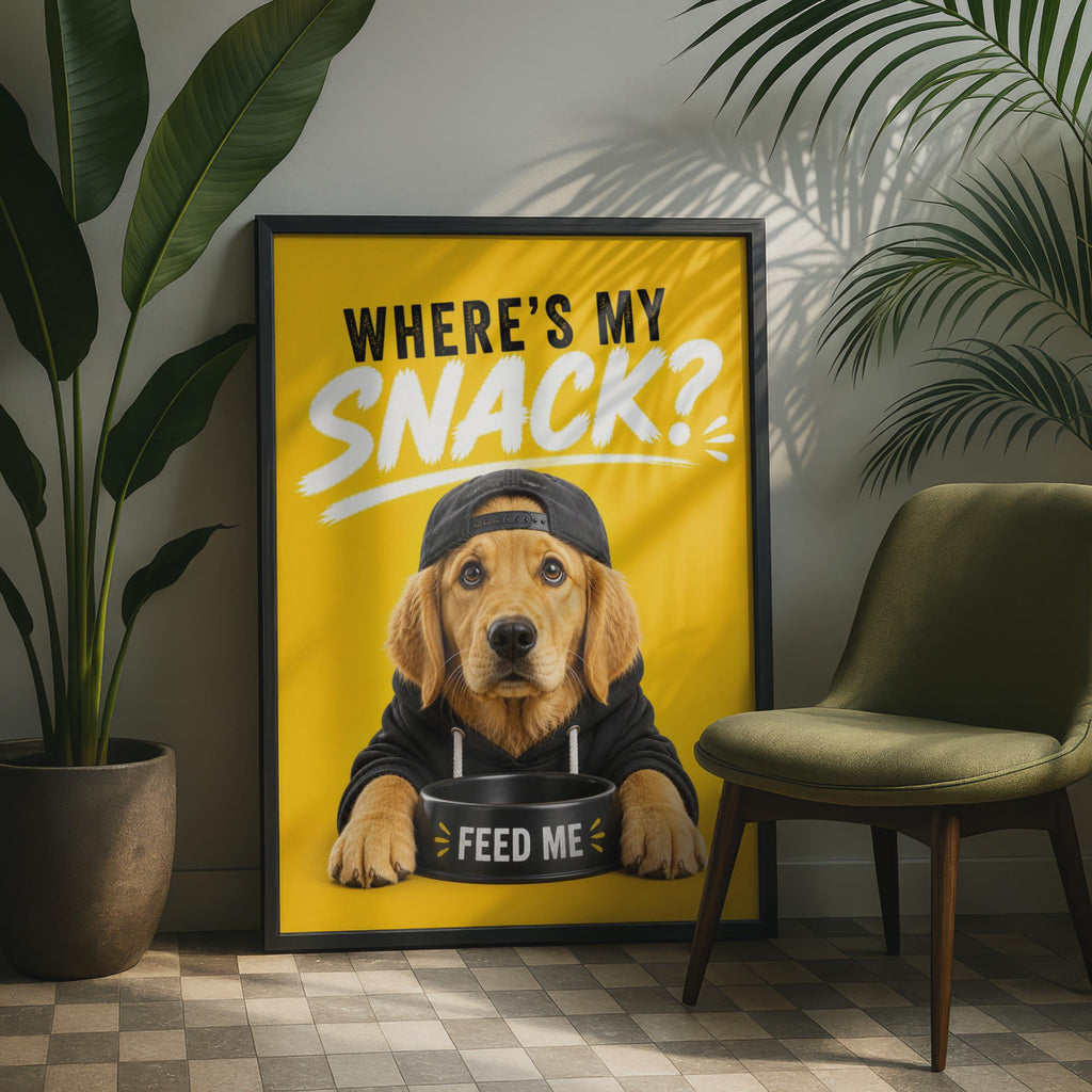 Funny Golden Retriever Poster, Where's My Snack Dog Wall Art, Yellow Humour Pet Print