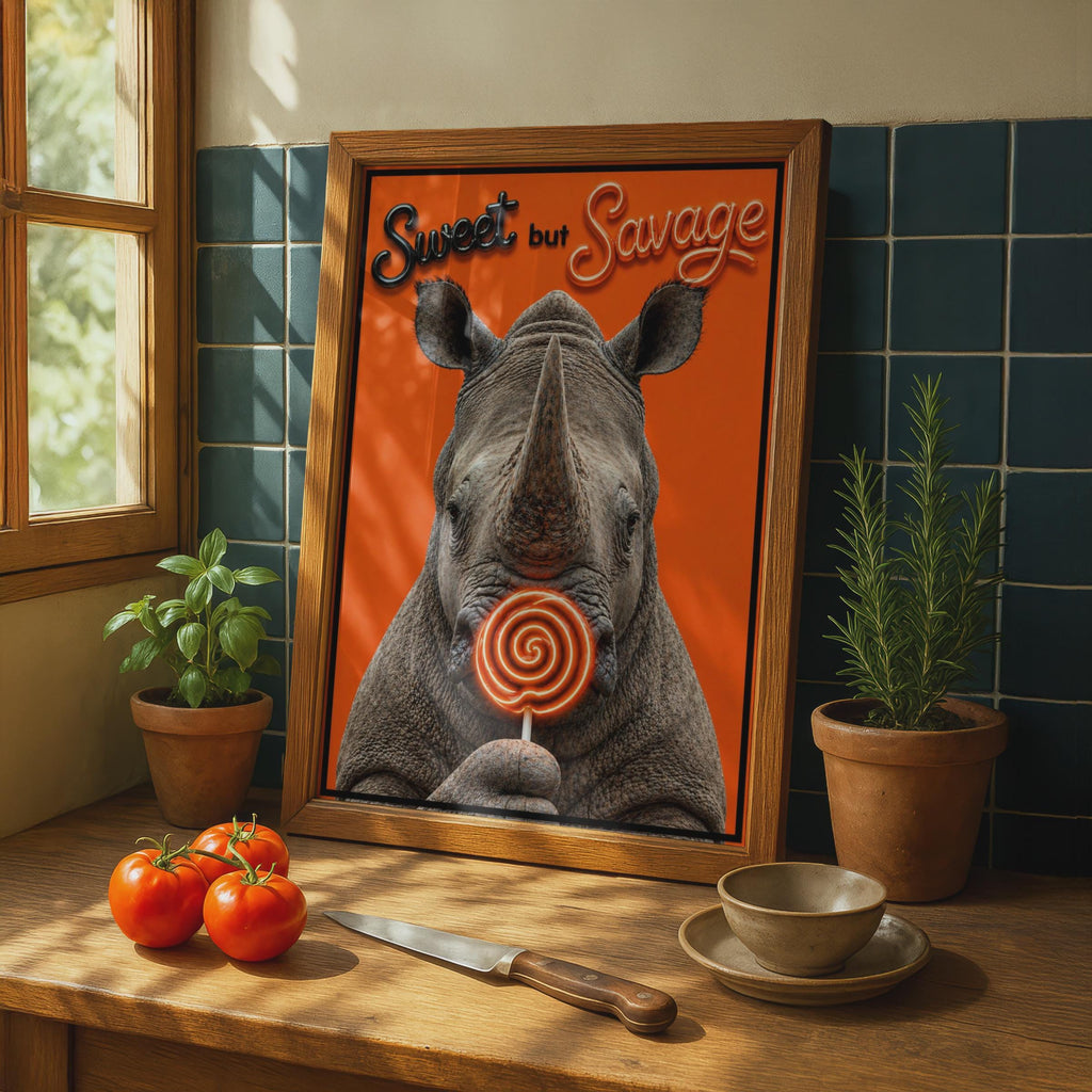 Sweet But Savage Rhino Poster, Funny Animal Wall Art, Bold Orange Neon Quote Print