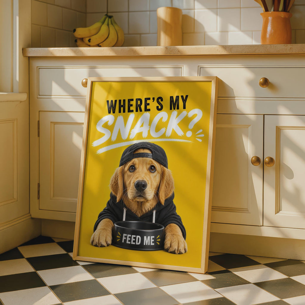 Funny Golden Retriever Poster, Where's My Snack Dog Wall Art, Yellow Humour Pet Print