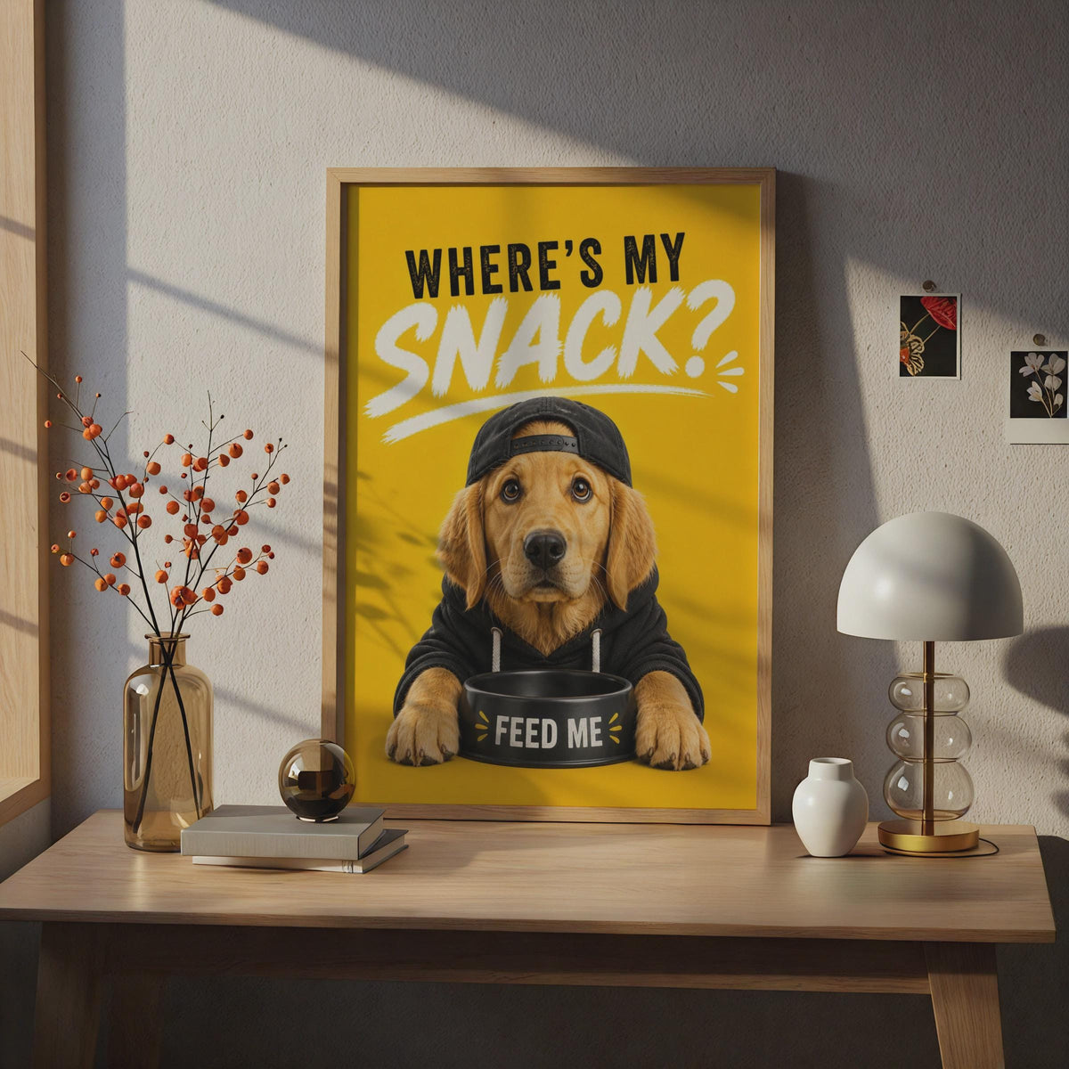 Funny Golden Retriever Poster, Where's My Snack Dog Wall Art, Yellow Humour Pet Print