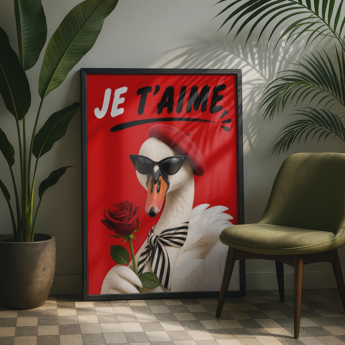 Je T'Aime Swan Poster, French Love Wall Art, Funny Bird Red Rose Print, Gift