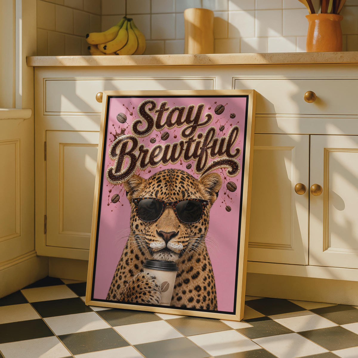 Stay Brewtiful Leopard Coffee Poster, Funny Pink Wall Art, Cafe Kitchen Decor