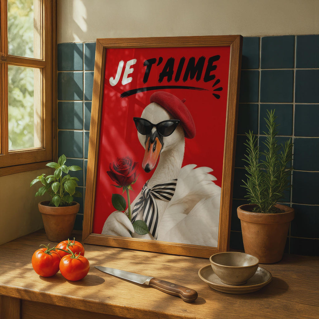 Je T'Aime Swan Poster, French Love Wall Art, Funny Bird Red Rose Print, Gift