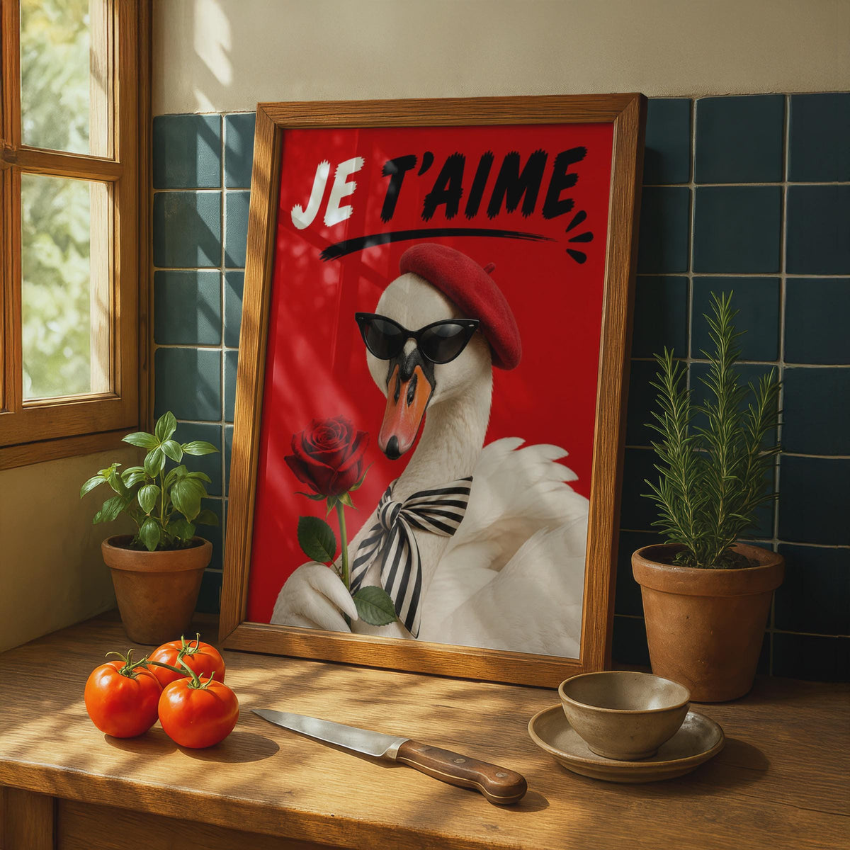 Je T'Aime Swan Poster, French Love Wall Art, Funny Bird Red Rose Print, Gift