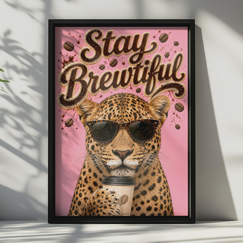 Stay Brewtiful Leopard Coffee Poster, Funny Pink Wall Art, Cafe Kitchen Decor