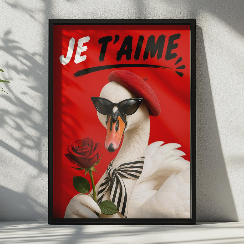 Je T'Aime Swan Poster, French Love Wall Art, Funny Bird Red Rose Print, Gift