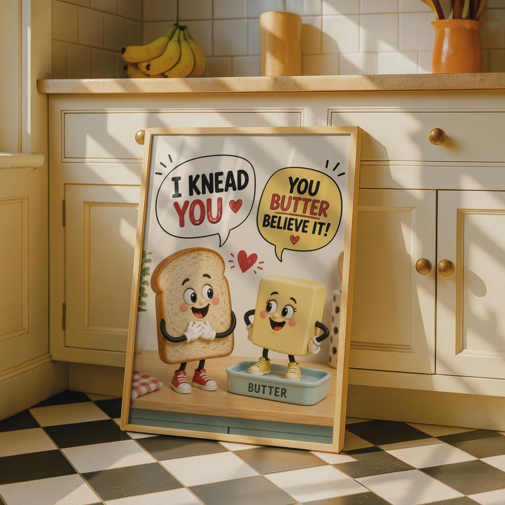 Funny Bread Butter Pun Poster, I Knead You Kitchen Wall Art, Retro Food Cartoon