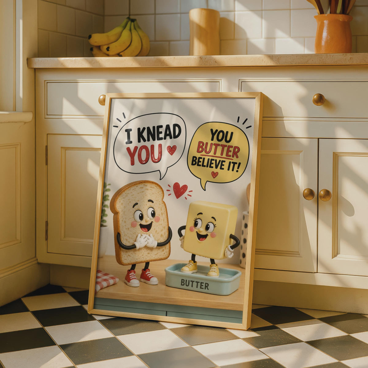 Funny Bread Butter Pun Poster, I Knead You Kitchen Wall Art, Retro Food Cartoon