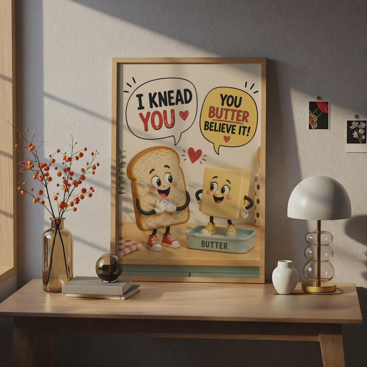 Funny Bread Butter Pun Poster, I Knead You Kitchen Wall Art, Retro Food Cartoon