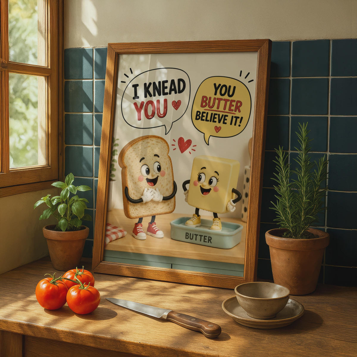 Funny Bread Butter Pun Poster, I Knead You Kitchen Wall Art, Retro Food Cartoon