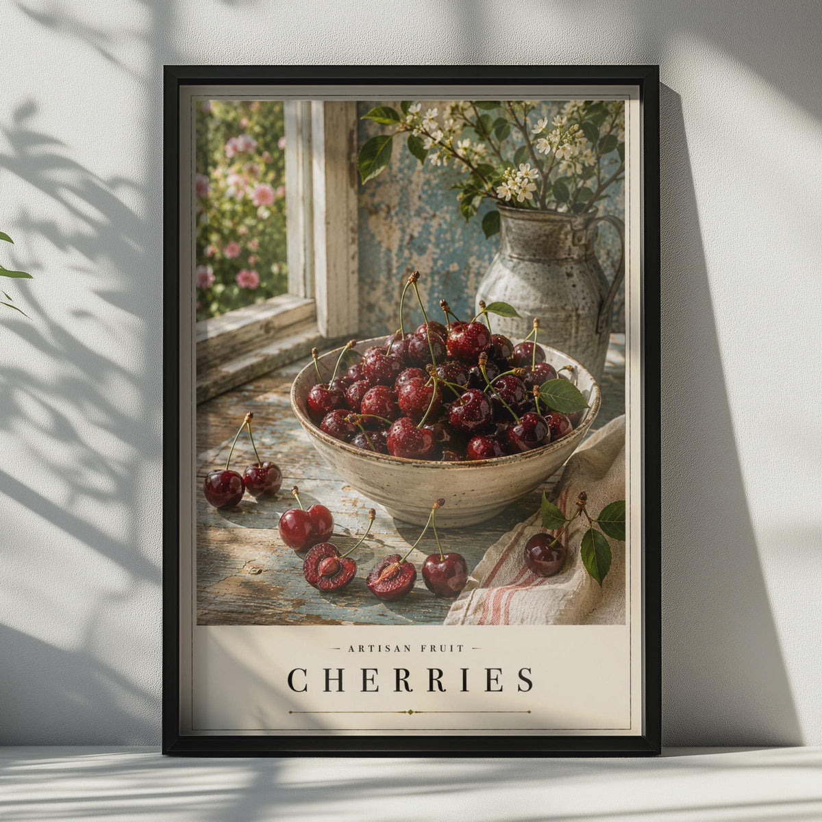 Cherry Still Life Poster, Rustic Farmhouse Kitchen Wall Art, Fruit Bowl Print, Cottage