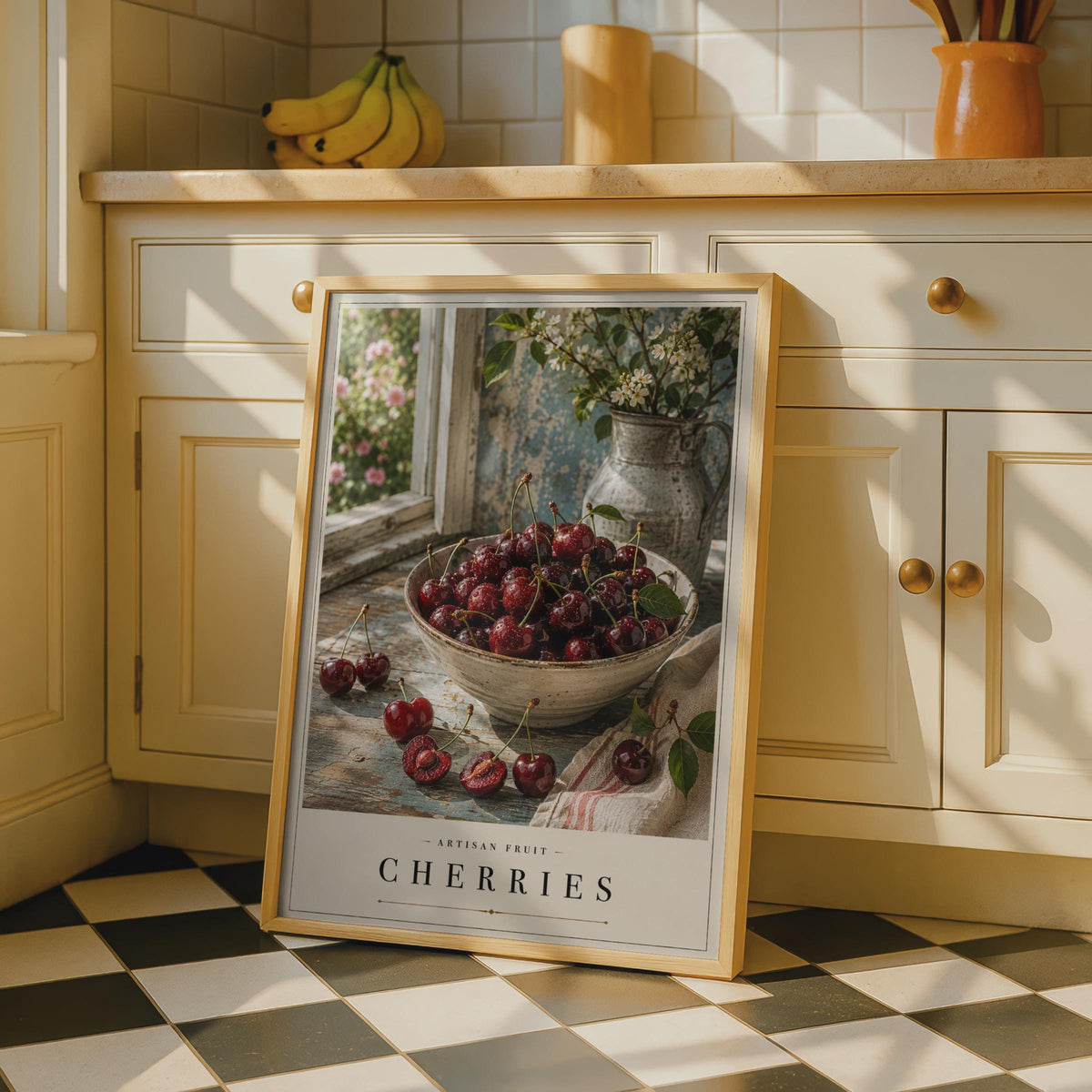 Cherry Still Life Poster, Rustic Farmhouse Kitchen Wall Art, Fruit Bowl Print, Cottage