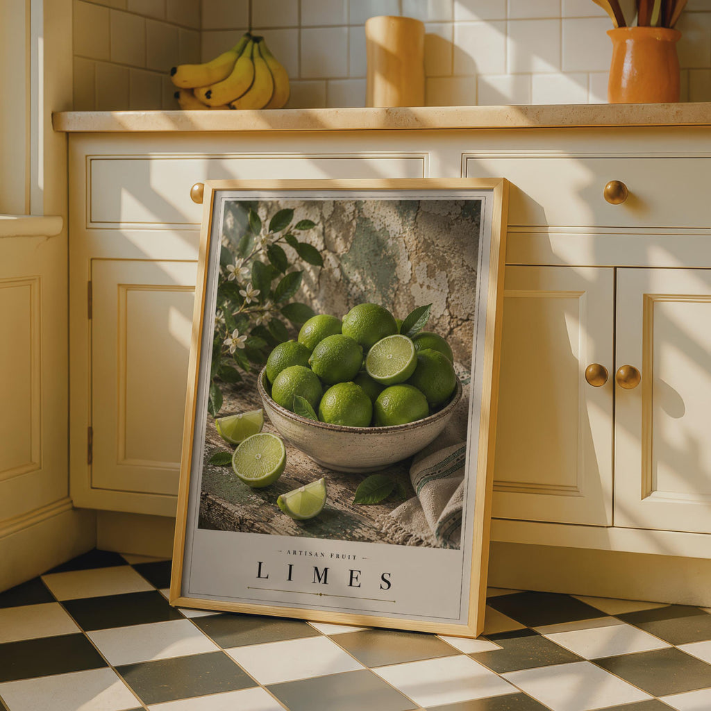 Limes Fruit Bowl Poster, Artisan Still Life Kitchen Wall Art, Green Citrus Print