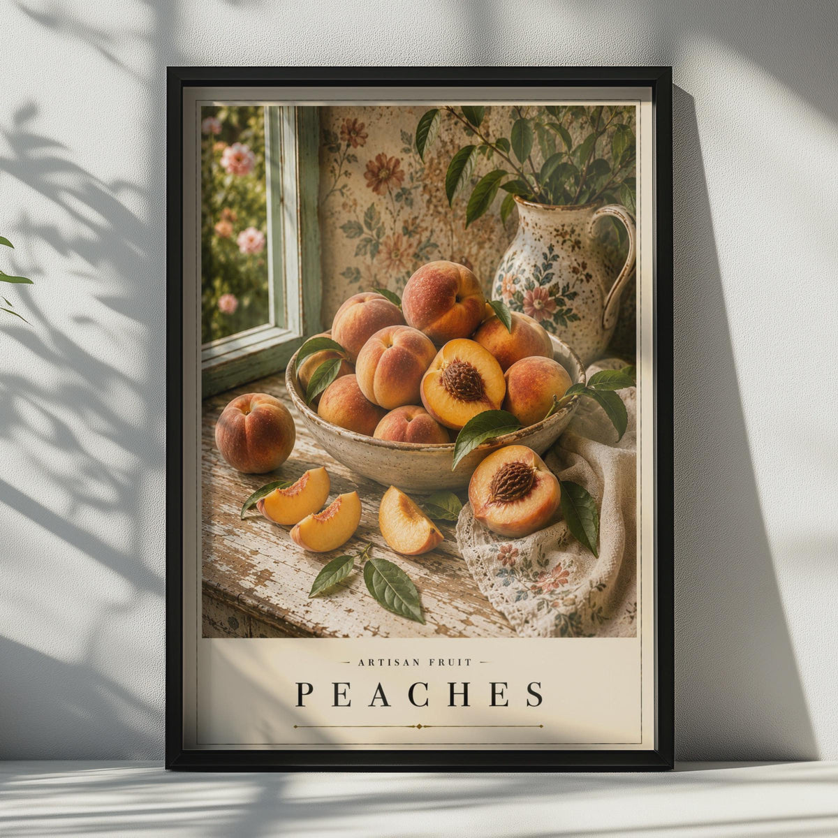Peaches Still Life Poster, Vintage Fruit Kitchen Wall Art, Cottagecore Botanical Print, Warm Tones