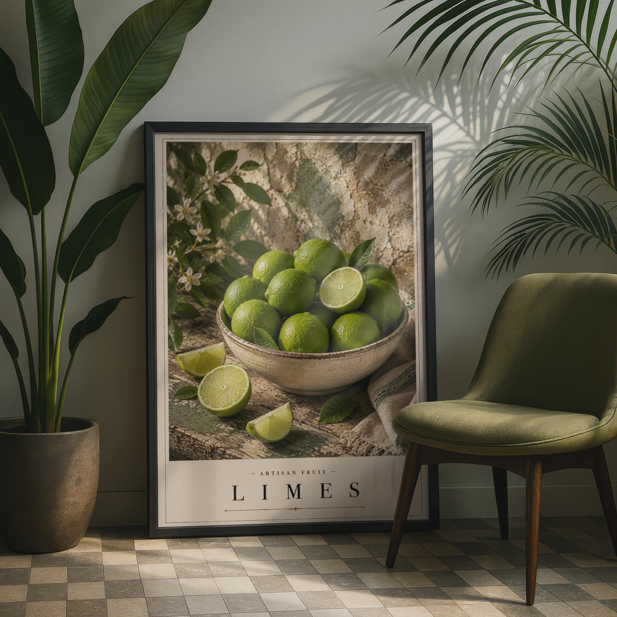 Limes Fruit Bowl Poster, Artisan Still Life Kitchen Wall Art, Green Citrus Print