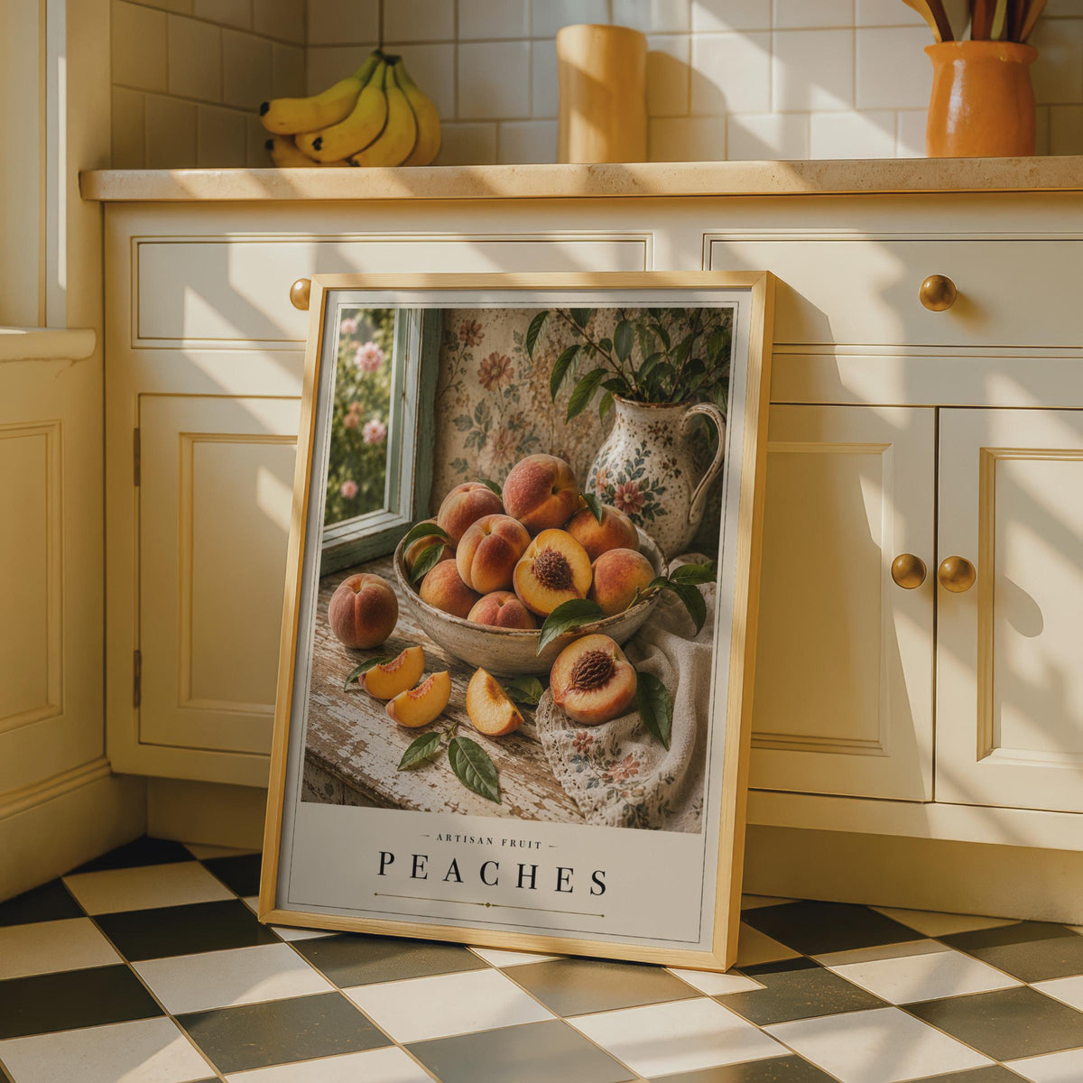 Peaches Still Life Poster, Vintage Fruit Kitchen Wall Art, Cottagecore Botanical Print, Warm Tones