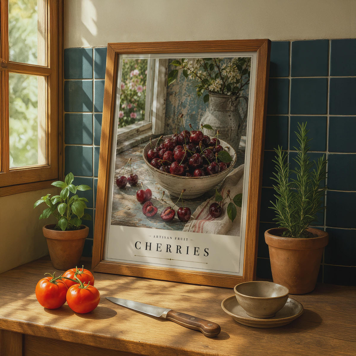 Cherry Still Life Poster, Rustic Farmhouse Kitchen Wall Art, Fruit Bowl Print, Cottage