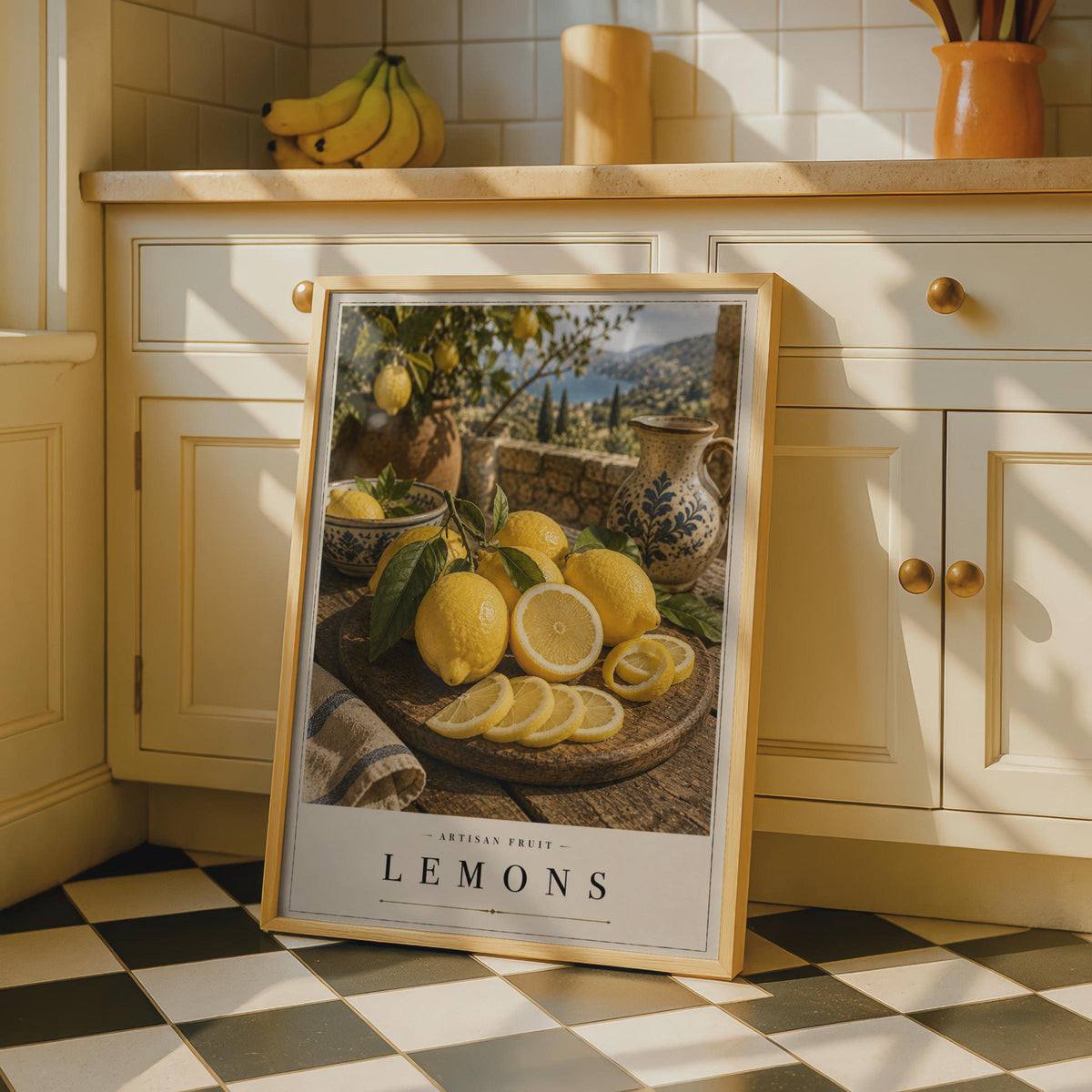 Lemon Poster, Artisan Fruit Mediterranean Kitchen Wall Art, Yellow Citrus Print