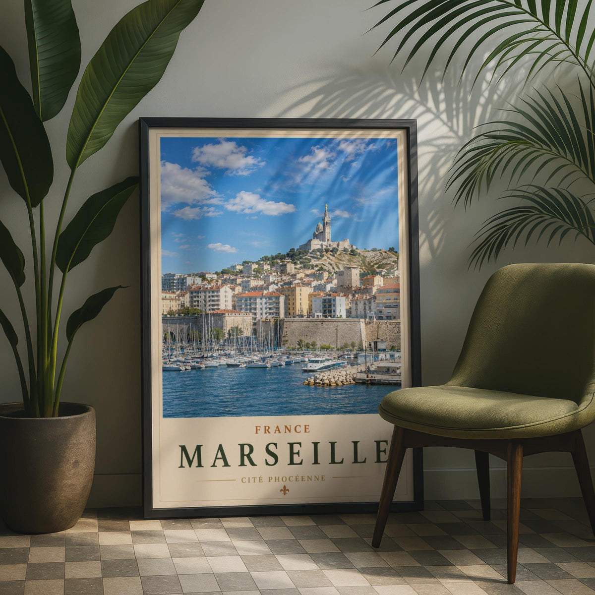 Marseille Vieux-Port Travel Poster, Notre Dame de la Garde Wall Art, Vintage France Print